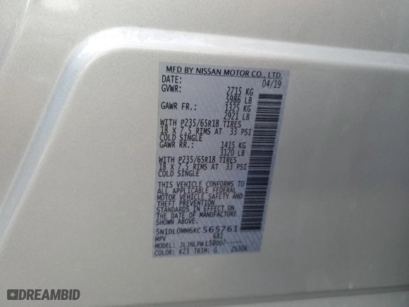 2019 Infiniti QX60 PURE with VIN 5N1DL0MM6KC565761, listed as a Copart auction lot 46236875 with 82,677 mi miles and Salvage Title. Bid and sale history available at carsss.com. Image 14.