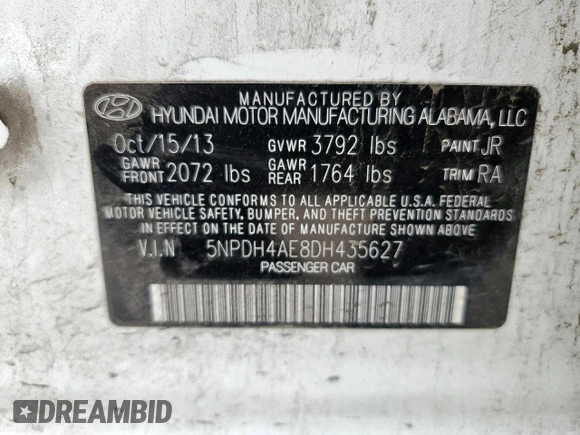 2013 Hyundai Elantra GLS with VIN 5NPDH4AE8DH435627, listed as a Copart auction lot 57332135 with 206,776 mi miles and Salvage title. Bid and sale history available at DreamBid. Image 12.