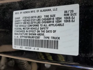 2020 Honda Ridgeline Black Edition with VIN 5FPYK3F88LB012387, listed as a Copart auction lot 45812235 with Not provided miles and Salvage title. Bid and sale history available at DreamBid. Image 14.