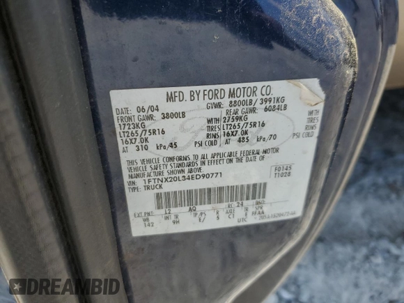 2004 Ford F-250 XL with VIN 1FTNX20L34ED90771, listed as a Copart auction lot 54047935 with 353,728 mi miles and Salvage title. Bid and sale history available at DreamBid. Image 12.
