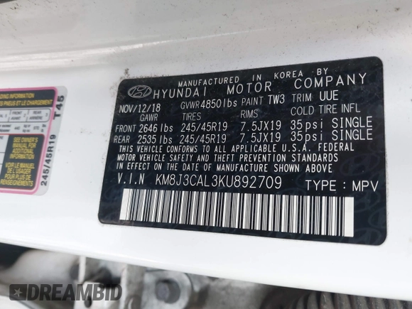 2019 Hyundai Tucson Ultimate with VIN KM8J3CAL3KU892709, listed as a IAAI auction lot 41216616 with 86,026 mi miles. Bid and sale history available at carsss.com. Image 9.