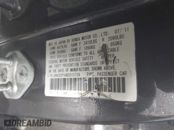 2011 Acura TSX z VIN JH4CU2F64BC015724, wystawiony jako IAAI lot #42271007 z przebiegiem 108 063 mil mil oraz . Historia ofert i sprzedaży dostępna na DreamBid. Obrazek 9.