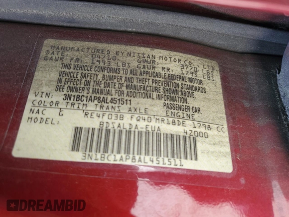2010 Nissan Versa S with VIN 3N1BC1AP8AL451511, listed as a Copart auction lot 53844865 with 186,503 mi miles and Salvage Title. Bid and sale history available at DreamBid. Image 13.