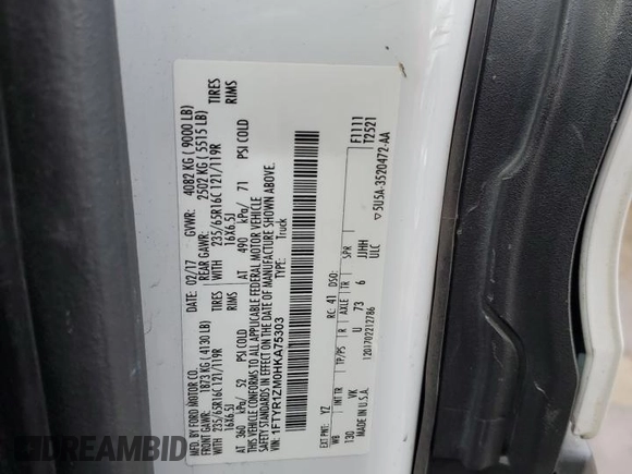 2017 Ford Transit with VIN 1FTYR1ZM0HKA75303, listed as a Copart auction lot 46233835 with 216,645 mi miles and Clean Title. Bid and sale history available at DreamBid. Image 13.