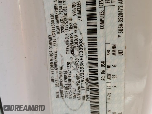2022 Ford F-350 XL with VIN 1FT8W3B63NEC38908, listed as a Copart auction lot 88760165 with 124,080 mi miles and Salvage title. Bid and sale history available at DreamBid. Image 12.
