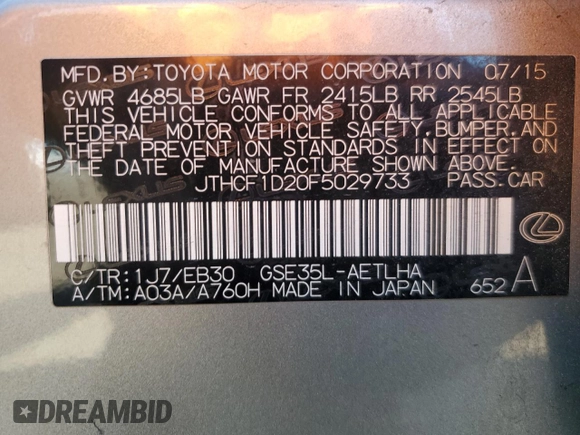 2015 Lexus IS 250 with VIN JTHCF1D20F5029733, listed as a Copart auction lot 54799855 with 61,185 mi miles and Salvage title. Bid and sale history available at DreamBid. Image 12.