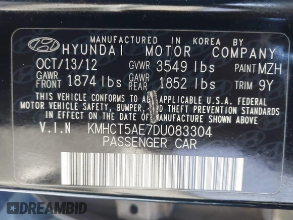 2013 Hyundai Accent GS z VIN KMHCT5AE7DU083304, wystawiony jako IAAI lot #41847588 z przebiegiem 133 971 mil mil oraz . Historia ofert i sprzedaży dostępna na DreamBid. Obrazek 9.