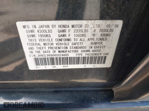 2006 Acura TSX with VIN JH4CL96866C024685, listed as a IAAI auction lot 42143321 with 230,703 mi miles. Bid and sale history available at carsss.com. Image 9.