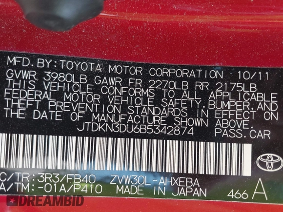 2011 Toyota Prius I with VIN JTDKN3DU6B5342874, listed as a IAAI auction lot 41431006 with 135,474 mi miles. Bid and sale history available at carsss.com. Image 9.