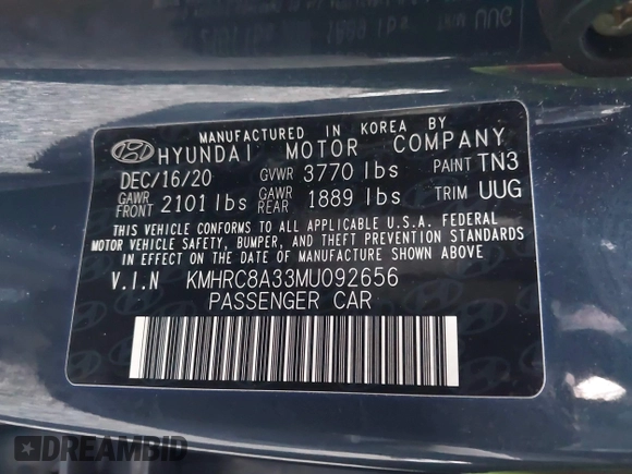 2021 Hyundai Venue SEL with VIN KMHRC8A33MU092656, listed as a IAAI auction lot 41275058 with 53,109 mi miles and . Bid and sale history available at DreamBid. Image 9.