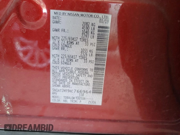 2019 Nissan Rogue SV with VIN 5N1AT2MT9KC766964, listed as a Copart auction lot 52125925 with 153,435 mi miles and Salvage Title. Bid and sale history available at DreamBid. Image 15.