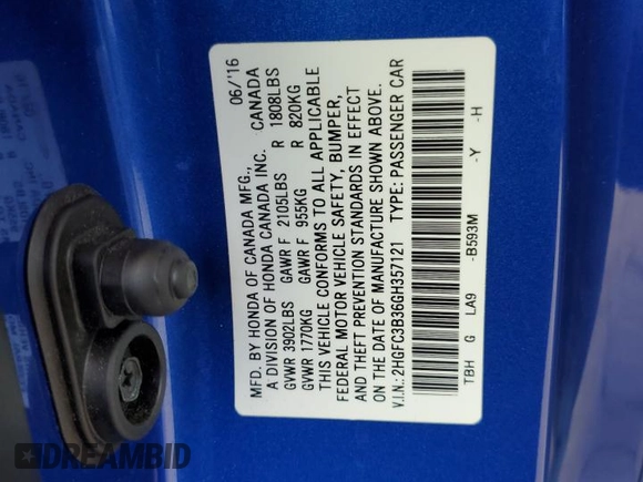 2016 Honda Civic EX-T with VIN 2HGFC3B36GH357121, listed as a Copart auction lot 60967215 with 200,188 mi miles and Salvage title. Bid and sale history available at DreamBid. Image 13.