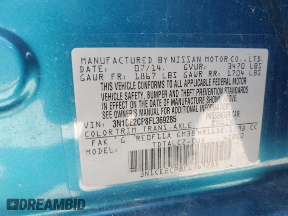 2015 Nissan Note S with VIN 3N1CE2CP8FL369285, listed as a Copart auction lot 62345535 with 78,980 mi miles and Salvage title. Bid and sale history available at DreamBid. Image 12.