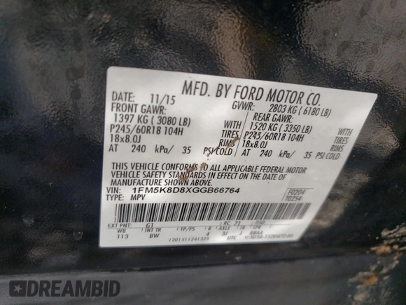 2016 Ford Explorer XLT z VIN 1FM5K8D8XGGB66764, wystawiony jako Copart lot #56551195 z przebiegiem Nie podano mil oraz Szkoda całkowita • Salvage title. Historia ofert i sprzedaży dostępna na DreamBid. Obrazek 14.