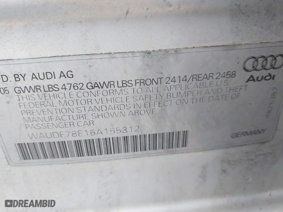 2006 Audi A4 2.0T with VIN WAUDF78E16A155312, listed as a IAAI auction lot 41877672 with 160,629 mi miles. Bid and sale history available at carsss.com. Image 9.
