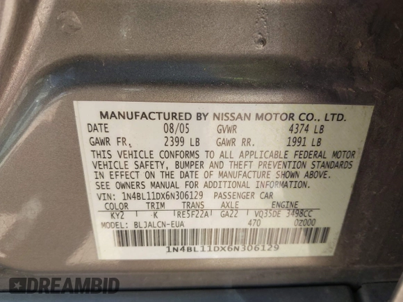 2006 Nissan Altima 3.5 SE with VIN 1N4BL11DX6N306129, listed as a IAAI auction lot 41995155 with 1 mi miles. Bid and sale history available at carsss.com. Image 9.