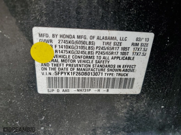 2013 Honda Ridgeline RT with VIN 5FPYK1F26DB013071, listed as a Copart auction lot 64400384 with 128,358 mi miles and Salvage Title. Bid and sale history available at carsss.com. Image 12.