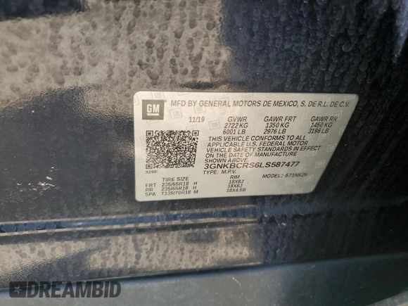 2020 Chevrolet Blazer LT with VIN 3GNKBCRS6LS587477, listed as a Copart auction lot 56938945 with 100,289 mi miles and Salvage title. Bid and sale history available at DreamBid. Image 13.