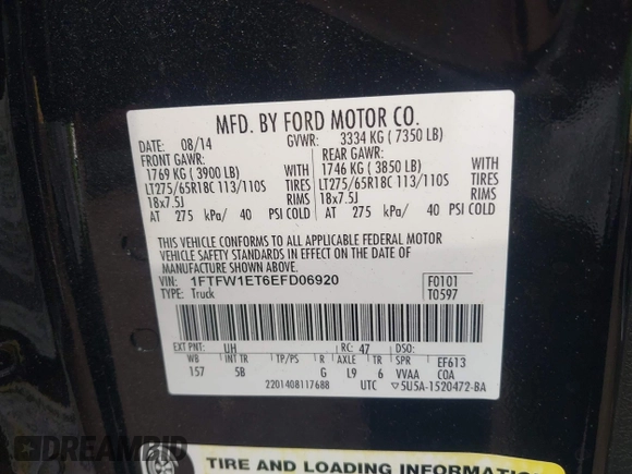 2014 Ford F-150 XL with VIN 1FTFW1ET6EFD06920, listed as a IAAI auction lot 42384930 with 135,776 mi miles and . Bid and sale history available at DreamBid. Image 9.