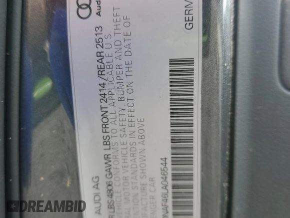 2020 Audi A4 Premium z VIN WAUDNAF46LA046544, wystawiony jako Copart lot #58383165 z przebiegiem Nie podano mil oraz Szkoda całkowita • Salvage title. Historia ofert i sprzedaży dostępna na DreamBid. Obrazek 13.