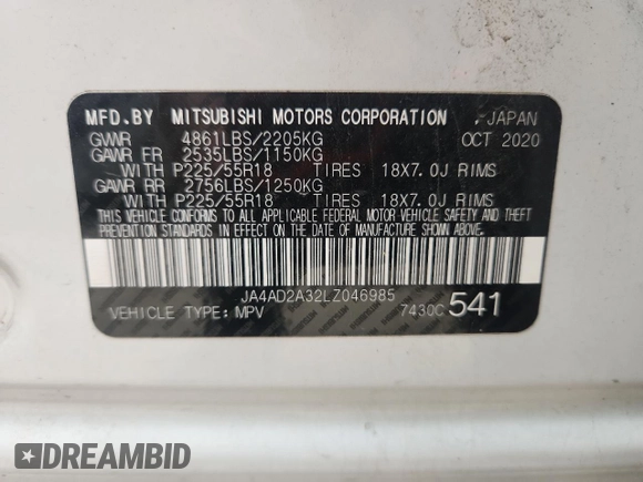2020 Mitsubishi Outlander ES with VIN JA4AD2A32LZ046985, listed as a Copart auction lot 60805545 with 59,223 mi miles and Salvage title. Bid and sale history available at DreamBid. Image 13.