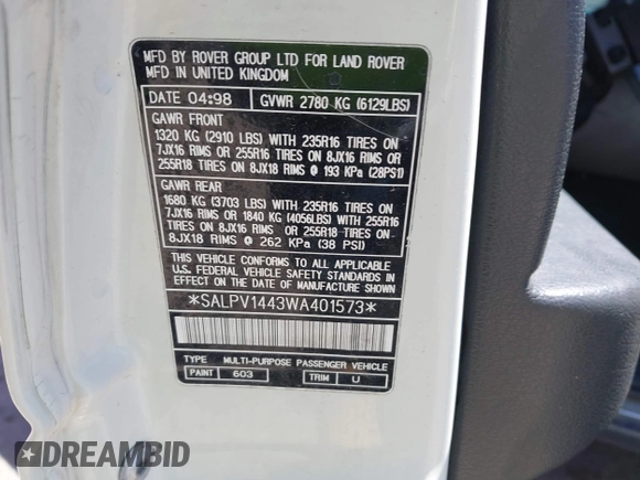 1998 Land Rover Range Rover with VIN SALPV1443WA401573, listed as a IAAI auction lot 42055479 with Not provided miles and . Bid and sale history available at DreamBid. Image 9.