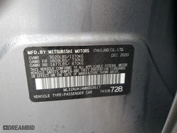 2021 Mitsubishi Mirage ES with VIN ML32AUHJ4MH003617, listed as a Copart auction lot 44048435 with 62,785 mi miles and Salvage Title. Bid and sale history available at carsss.com. Image 12.
