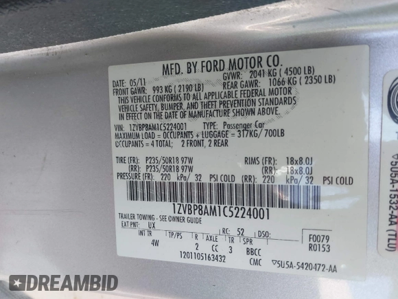 2012 Ford Mustang V6 Premium with VIN 1ZVBP8AM1C5224001, listed as a IAAI auction lot 41385559 with 165,123 mi miles. Bid and sale history available at carsss.com. Image 9.