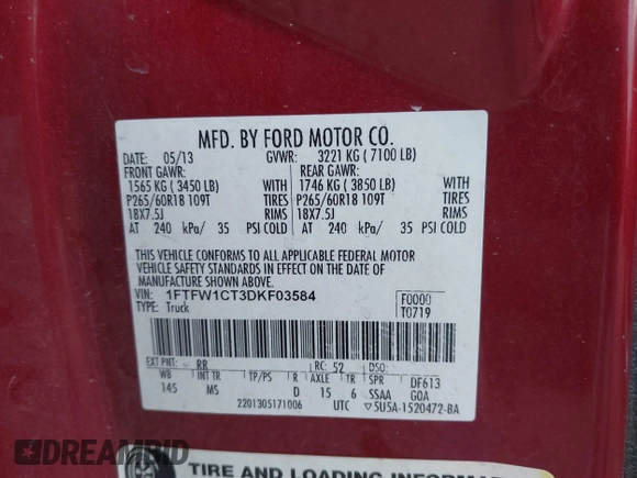 2013 Ford F-150 XL with VIN 1FTFW1CT3DKF03584, listed as a IAAI auction lot 42309670 with 158,251 mi miles and . Bid and sale history available at DreamBid. Image 9.