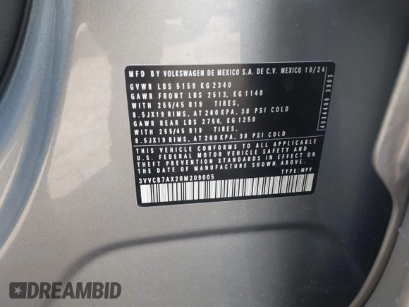 2024 Volkswagen Tiguan SE R-Line Black с VIN 3VVCB7AX2RM209005, выставлен на аукционе IAAI как лот 41694881 с пробегом 1 421 миль миль и . История ставок и продаж доступна на DreamBid. Изображение 9.
