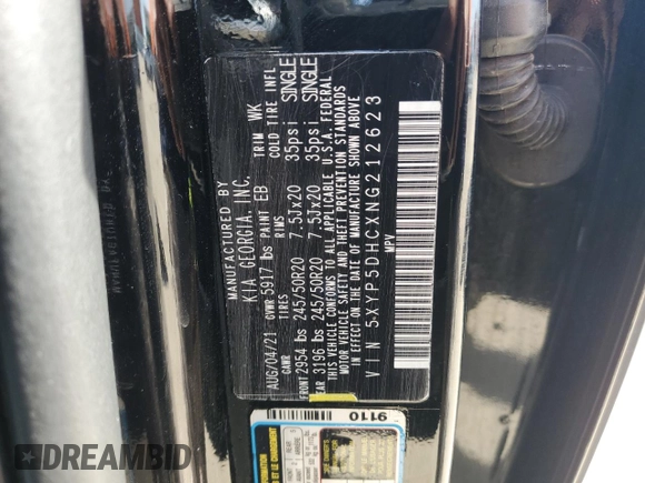 2022 Kia Telluride SX with VIN 5XYP5DHCXNG212623, listed as a Copart auction lot 50203915 with 30,950 mi miles and Salvage title. Bid and sale history available at DreamBid. Image 13.