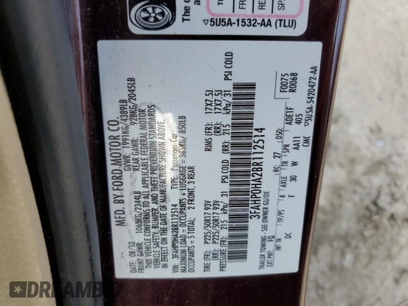 2011 Ford Fusion SE with VIN 3FAHP0HA2BR112514, listed as a Copart auction lot 51385215 with 176,491 mi miles and Salvage Title. Bid and sale history available at carsss.com. Image 14.