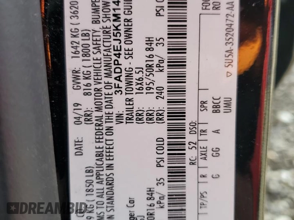 2019 Ford Fiesta SE with VIN 3FADP4EJ5KM147006, listed as a Copart auction lot 45287365 with 104,042 mi miles and Salvage Title. Bid and sale history available at DreamBid. Image 12.