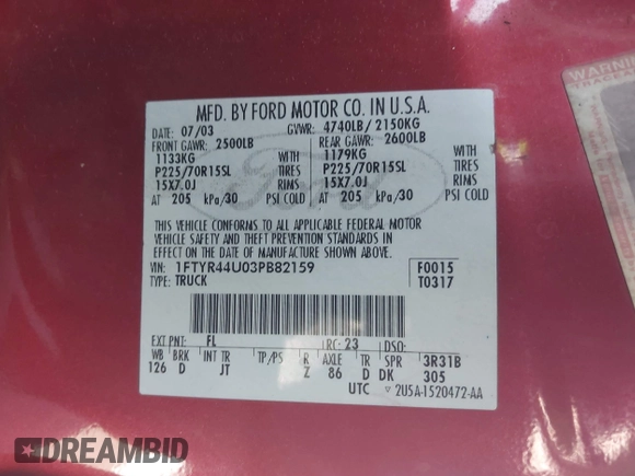 2003 Ford Ranger XL Fleet с VIN 1FTYR44U03PB82159, выставлен на аукционе IAAI как лот 42297896 с пробегом 158 477 миль миль и . История ставок и продаж доступна на DreamBid. Изображение 9.