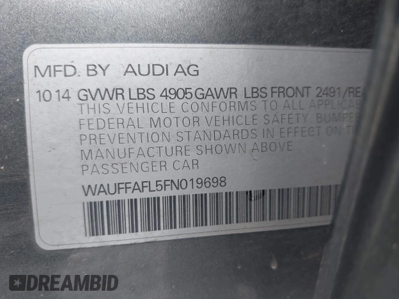 2015 Audi A4 Premium Plus z VIN WAUFFAFL5FN019698, wystawiony jako IAAI lot #42310939 z przebiegiem 72 491 mil mil oraz . Historia ofert i sprzedaży dostępna na DreamBid. Obrazek 9.