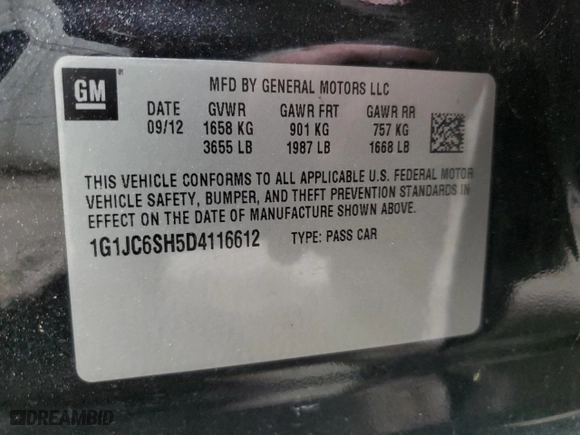 2013 Chevrolet Sonic LT with VIN 1G1JC6SH5D4116612, listed as a Copart auction lot 45957315 with 47,783 mi miles and Clean Title. Bid and sale history available at carsss.com. Image 12.