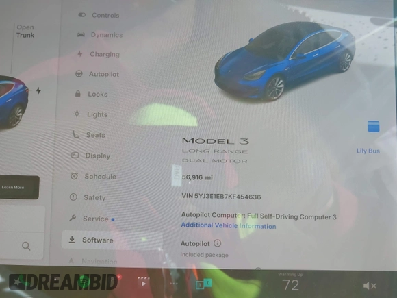 2019 Tesla Model 3 Long Range with VIN 5YJ3E1EB7KF454636, listed as a IAAI auction lot 41853972 with 56,916 mi miles. Bid and sale history available at carsss.com. Image 16.