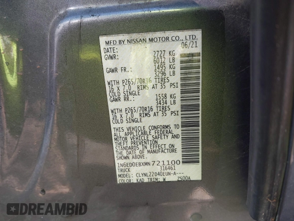 2021 Nissan Frontier SV z VIN 1N6ED0EBXMN721100, wystawiony jako IAAI lot #41585852 z przebiegiem 50 919 mil mil oraz . Historia ofert i sprzedaży dostępna na DreamBid. Obrazek 9.