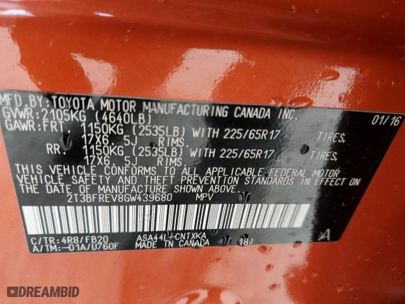 2016 Toyota RAV4 LE with VIN 2T3BFREV8GW439680, listed as a Copart auction lot 45635985 with 102,370 mi miles and Salvage Title. Bid and sale history available at carsss.com. Image 13.