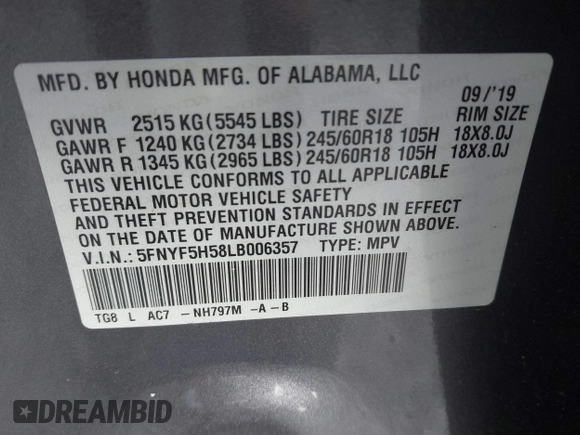 2020 Honda Pilot EX-L с VIN 5FNYF5H58LB006357, выставлен на аукционе IAAI как лот 42191456 с пробегом 87 887 миль миль и . История ставок и продаж доступна на DreamBid. Изображение 9.