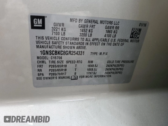 2016 Chevrolet Tahoe LT with VIN 1GNSCBKC8GR254331, listed as a Copart auction lot 59745485 with 239,511 mi miles and Salvage title. Bid and sale history available at DreamBid. Image 13.
