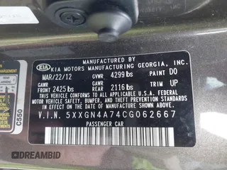 2012 Kia Optima EX with VIN 5XXGN4A74CG062667, listed as a IAAI auction lot 41998822 with 208,567 mi miles and . Bid and sale history available at carsss.com. Image 9.
