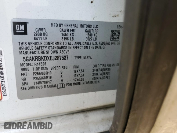 2014 Buick Enclave Leather with VIN 5GAKRBKDXEJ287537, listed as a Copart auction lot 50231495 with 268,198 mi miles and Salvage Title. Bid and sale history available at DreamBid. Image 13.