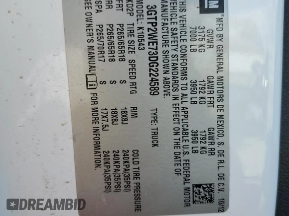 2013 GMC Sierra 1500 SLT with VIN 3GTP2WE73DG224589, listed as a Copart auction lot 46093905 with 71,874 mi miles and Salvage title. Bid and sale history available at DreamBid. Image 13.