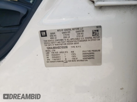 2013 Chevrolet Equinox LS with VIN 1GNALBEK4DZ103206, listed as a Copart auction lot 55942885 with 198,999 mi miles and Clean Title. Bid and sale history available at DreamBid. Image 13.