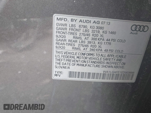 2014 Audi Q7 Premium Plus with VIN WA1LGAFE1ED003856, listed as a IAAI auction lot 42183101 with 91,696 mi miles and . Bid and sale history available at DreamBid. Image 9.