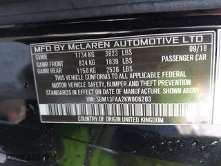2019 McLaren 570S with VIN SBM13FAA2KW006203, listed as a IAAI auction lot 40915548 with 1 mi miles. Bid and sale history available at carsss.com. Image 9.