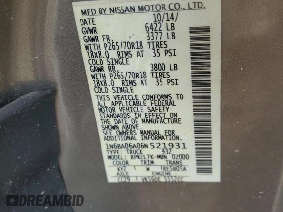 2006 Nissan Titan SE with VIN 1N6BA06A06N521931, listed as a Copart auction lot 50699715 with Not Provided miles and Salvage Title. Bid and sale history available at DreamBid. Image 12.