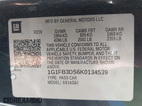 2019 Chevrolet Camaro 1LT with VIN 1G1FB3DS6K0134539, listed as a IAAI auction lot 42646844 with 55,275 mi miles and . Bid and sale history available at DreamBid. Image 9.