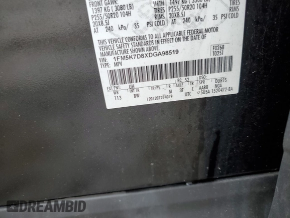 2013 Ford Explorer XLT with VIN 1FM5K7D8XDGA98519, listed as a Copart auction lot 52680715 with 139,684 mi miles and Salvage Title. Bid and sale history available at DreamBid. Image 13.